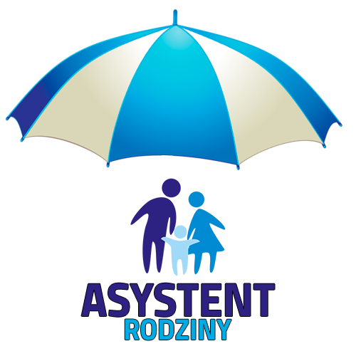 Symboliczna rodzina mama, tata i dziecko schronieni pod niebiesko-białym parasolem