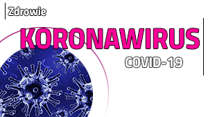 na białym tle różowy napis koronawirus w lewym dolnym rogu kulista komórka wirusa w wieloma wypustkami na niebieskim tle