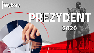 W tle grafiki z napisem Prezydent 2020 pałac prezydencki i pomnik Józefa Poniatowskiego. W lewym dolnym rogu ręka wrzucająca do urny kartę do głosowania