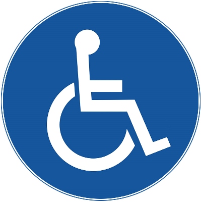Deklaracja dostępności - biała grafika osoby na wózku inwalidzkim na niebieskim tle symbolizująca niepełnosprawność